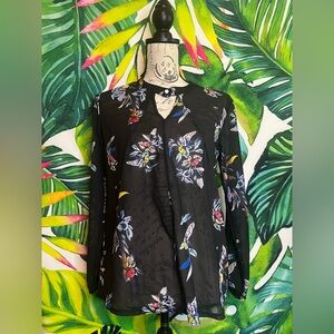 Boutique S Black Blue Floral Sheer Keyhole Neck Preppy Fall Whimsigoth Blouse